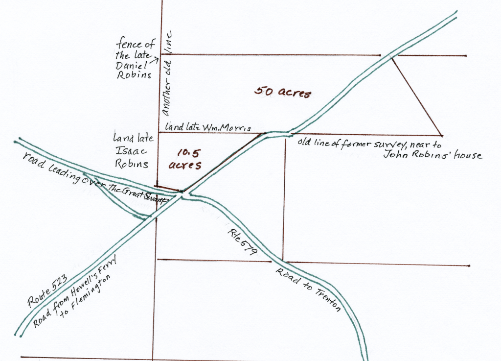 The 60.5 acres in two lots, sold to Daniel Robins by Samuel & Mary Kitchen on July 1, 1760, from Ms. Deed Collection 18, No. 15 in oversize deeds, Hunterdon Co. Historical Society