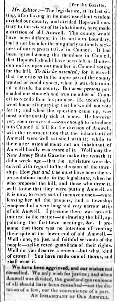 Letter to the Hunterdon Gazette from "An Inhabitant of Old Amwell," March 14, 1838