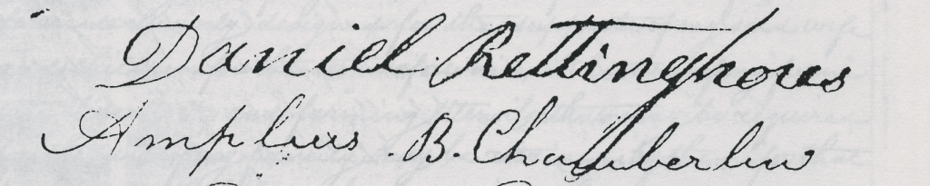 Signature of Daniel Rittenhouse (Rettinghous) on the tavern application of Benjamin Hyde, 1829