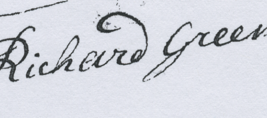 Signature of Richard Green, 1737, on Hunterdon County Loan Office application