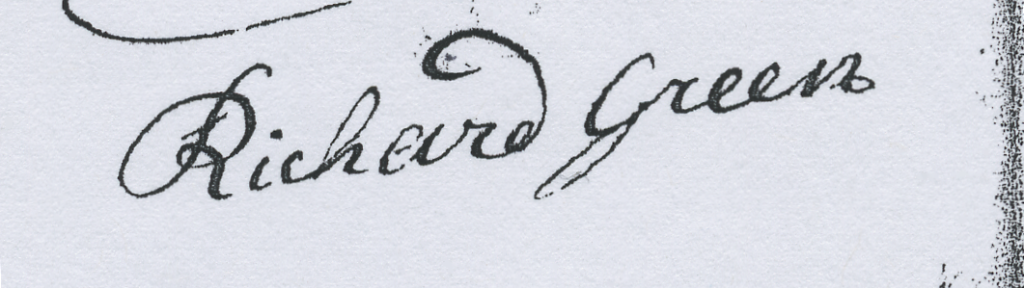 Signature of Richard Green, 1737, on Hunterdon County Loan Office application