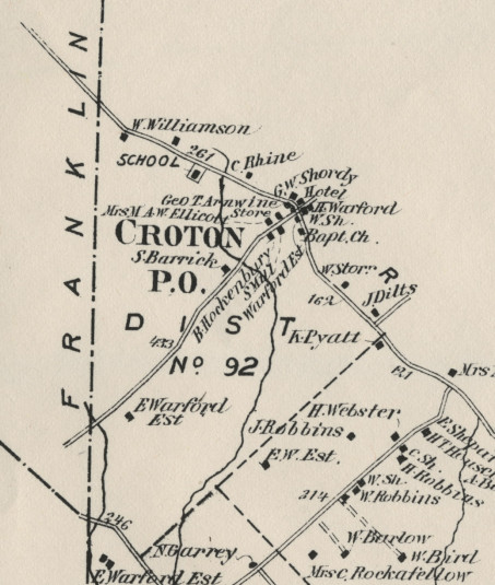 Detail of the 1873 Beers Comstock map of Delaware Twp., Croton