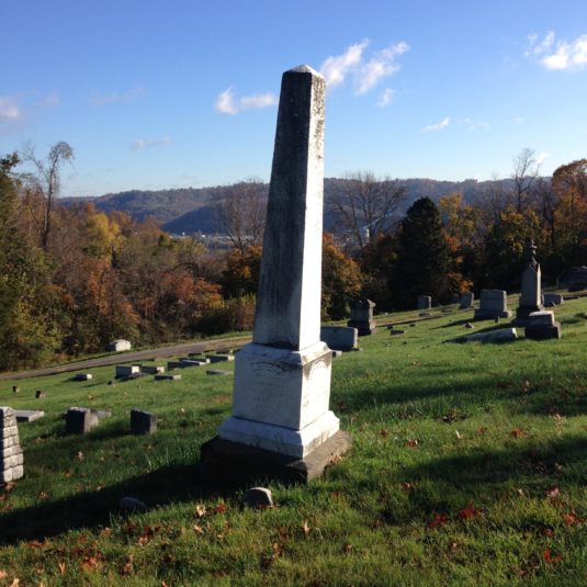 Gravemarker for Joseph and Keziriah Mercer in the Greenwood Cemetery overlooking the town of Bellaire, Ohio